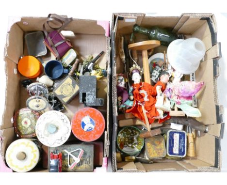 A mixed collection of items to include advertising tins, light shade, Carlton Ware item, Chinese puppets, horn handled items,