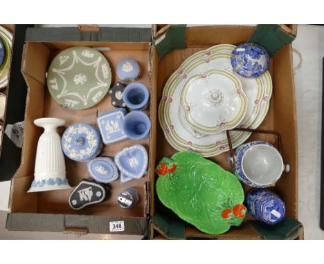 A mixed collection of ceramic items to include Wedgwood Sage green decorative wall plates, Jasper ware vases, sugar boxes, as