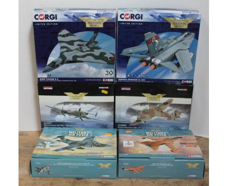 A group of six Corgi The Aviation Archive 1:72 and 1:144 scale models comprising Avro Vulcan B.2 AA31209, Panavia Tornado F3 