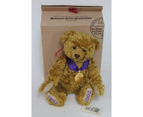 A Steiff Golden Jubilee commemorative mohair teddy bear with pendant, tags and box. 