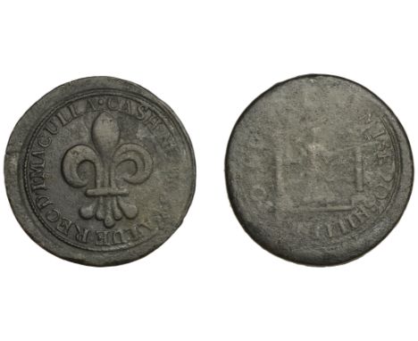 18th Century Tokens, Co DUBLIN, Dublin, James Maculla, Penny, 1731, fleur-de-lis, rev. Justice standing between pillars, hold