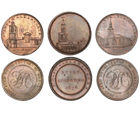 LONDON, Skidmore’s Churches, Halfpence (3), Abchurch Lane, St Mary’s, 10.17g/12h (DH 538a); Aldermanbury, St Mary’s, 12.52g/1