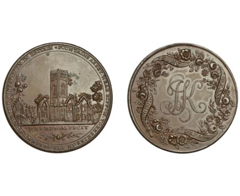 18th Century Tokens, Ripon, Kempson’s Penny, view of the ruins of Fountains Abbey, rev. jk cypher within wreath of flowers, e