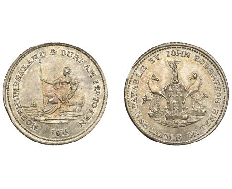 19th Century Tokens, NORTHUMBERLAND, Newcastle-upon-Tyne, John Robertson, Shilling, 1811, arms and supporters, rev. female se