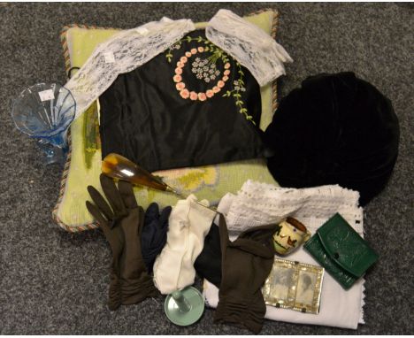 Ladies Ephemera - gloves; linen; velvet hat, c.1920; tapestry cushion; glass Art Deco vase;  etc 