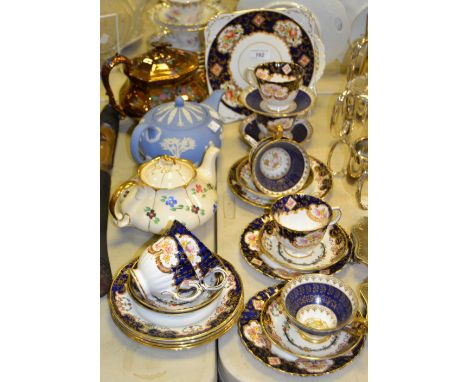 A Victorian lustre teapot; a Wedgwood jasper teapot; a Royal Stafford part tea service; etc; qty  