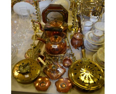 Metalware - a pair of 19th century bell metal slender candlesticks; copperware; octagonal Sheraton Revival barometer;  etc  