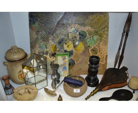 Boxes and Objects - a set of Fireside bellows; dressing hand mirror; EP ladle; Tribal art;  etc qty 