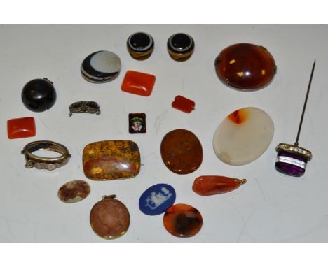 Polished Stone -Tiger Eye;  a cabachon brooch;  a lava cameo portrait pendant;  etc 