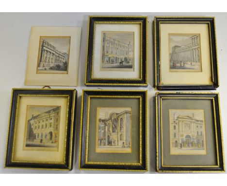 A set of six, coloured engravings of Historic London Buildings, Shaftsbury House, British Institution, West Wing Carlton Terr