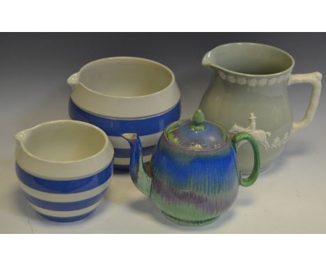 A Shelley drip glazed teapot; Cornishware; early 20th century Copeland water jug, embossed in relief;  etc 