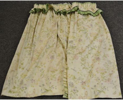 Textiles - a pair of green coloured curtains, interlined, printed with Butterflies and Flowers, 216cm wide x 134cm drop; matc