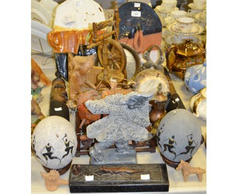 Tribal - a near pair  of painted Ostrich eggs, depicting African Dancers; ebony box, surmounted by a Lizard; Elephant puppet;