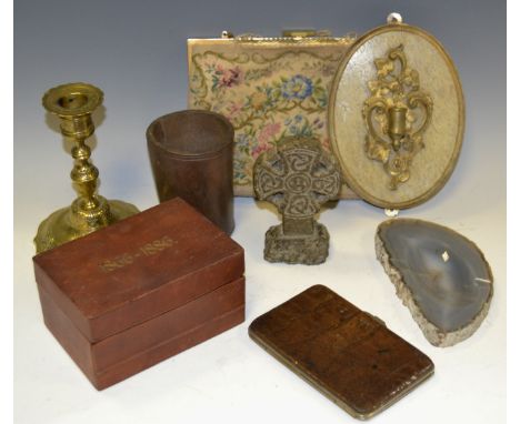 Boxes and Objects - a leather cup;  a crocodile wallet;  a lady's embroidered bag;  a brass candlestick;  a Celtic stone cros