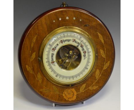 An Edwardian mahogany and marquetry aneroid barometer, inlaid with coloured woods and abalone shell, c.1905