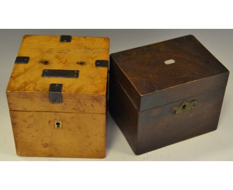 A late 18th century Dutch mahogany tea caddy; a 19th century maple tobacco box (2)