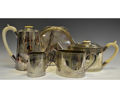 A Victorian Walker & Hall silver plated four piece tea service, engraved and embossed floral decoration; similar tray (5)