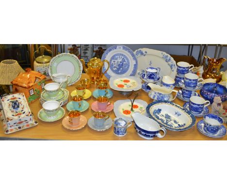 Teawares - a Clare bone china part tea service, border printed with Spring flowers; blue and white ceramics; a Wade part coff