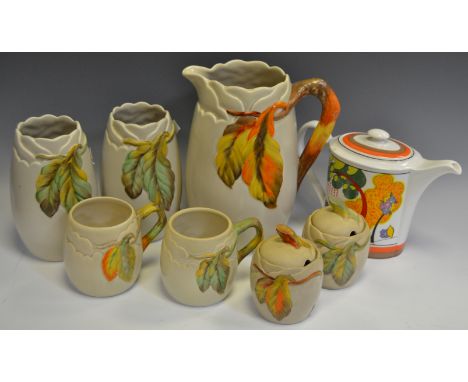 Clarice Cliff - a large Leaf pattern jug;  other smaller vases, preserve pot and cover etc;  a Wedgwood, Cornwall pattern, Cl