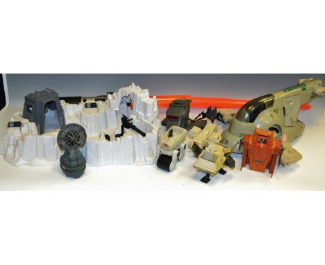 Star Wars - a Boba Fett Slave 1 by Kenner 1982; a Hoth Imperial Attack Base; a MTV-7 Multi Terrain Vehicle, 1981; a Darth Vad