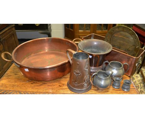 Metalware - a copper Art Nouveau jug stamped GS&S; a brass offertory dish; pewter sucrier; copper Arts and Crafts jardiniere;