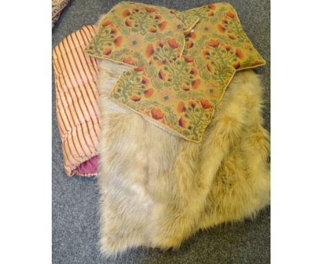 Textiles - a striped feather eider down; tapestry cushions, faux fur throw, etc