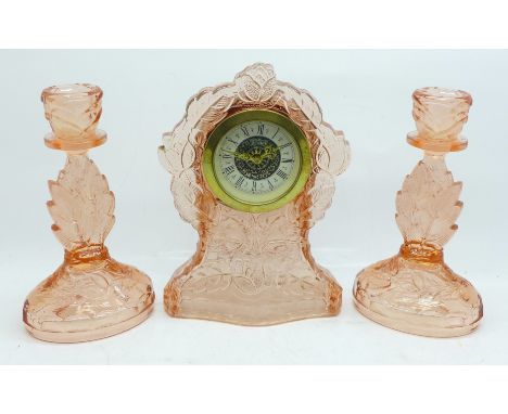 A 1920's Mercedes Art Deco pink glass clock garniture 