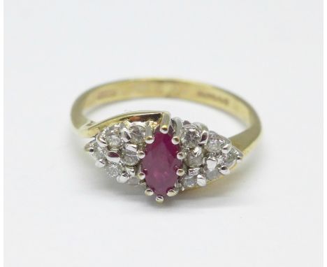 A 9ct gold, ruby and diamond ring, 2g, I 