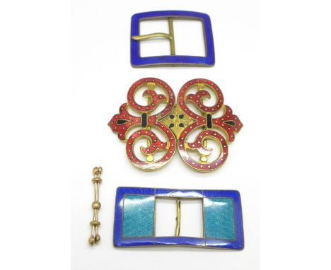 Three Edwardian enamel buckles and a dress clip 
