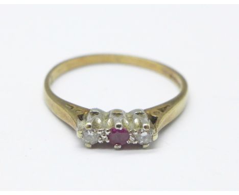 A 9ct gold, ruby and diamond ring, 1.5g, M 