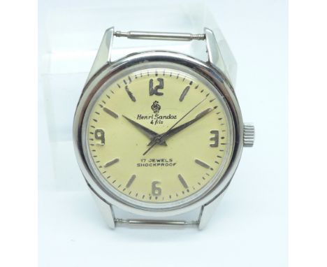 A gentleman's Henri Sandoz 17 jewels stainless steel manual wind  wristwatch head 