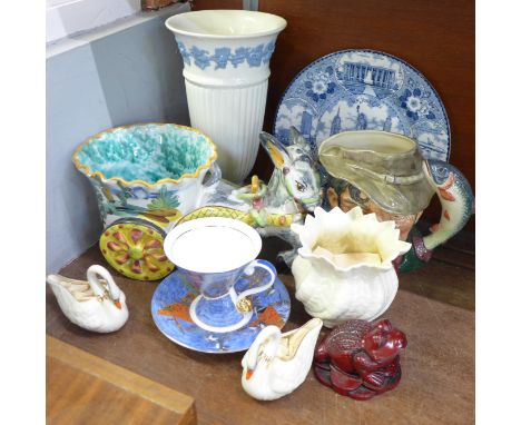 China including a blue and white transfer printed plate of New York City, a Royal Doulton large character jug, The Poacher, t