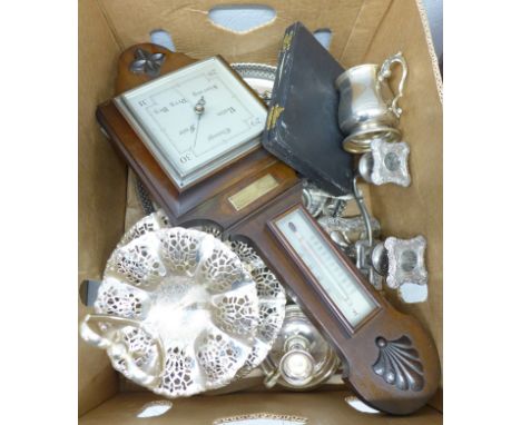 A wall mounted barometer and a collection of silver plate **PLEASE NOTE THIS LOT IS NOT ELIGIBLE FOR POSTING AND PACKING** 