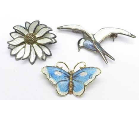 Three Norwegian silver and enamel brooches, including a bird and a flower by David Andersen 