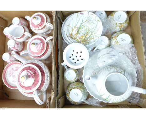 French tea/coffee ware and a Double Phoenix Pink Willow pattern coffee service, (lacking two cups) 
