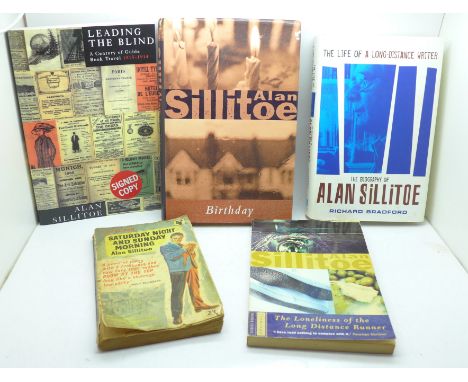 Five signed Alan Silitoe books, Saturday Night and Sunday Morning, (Pan Edition), The Loneliness of the Long Distance Runner 