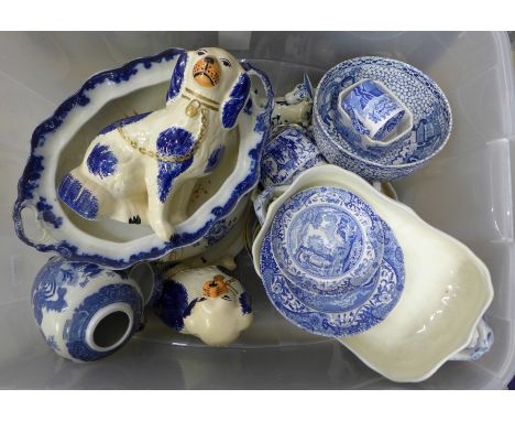 A box of blue and white china including Spode, a pair of Staffordshire spaniels, etc. **PLEASE NOTE THIS LOT IS NOT ELIGIBLE 