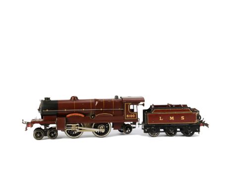 A Hornby 0 Gauge Clockwork No 3 ‘Royal Scot’ Locomotive and Tender, in LMS crimson as no 6100, locomotive G-VG, a little dama