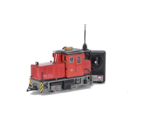 A Gauge I (Narrow Gauge) Radio-Controlled 0-4-0 Diesel Shunter, a modified LGB ‘Schoema’ locomotive in red/grey livery as no 