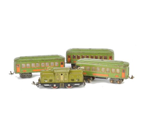 A Lionel 0 Gauge 3-rail No 252 Electric Train Set, with 4-wheeled pantograph electric locomotive in lime green, 2 Pullman car