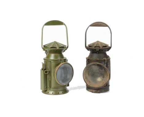Railway Oil Lamps, two hand signalling lamps, one in khaki with WD arrow and ‘CE&S, 1956’ and no 2348 stamped on body and thr