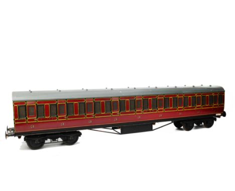 A 5” Gauge Fibreglass-bodied LMS Non-corridor Coach by Aristocraft, overall length 61”, in LMS maroon as all-3rd no 72100, fi