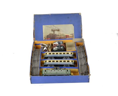 A JEP 0 Gauge 3-rail Electric Passenger Train Set, with 4-wheeled pantograph electric locomotive in green as BB8101, two blue
