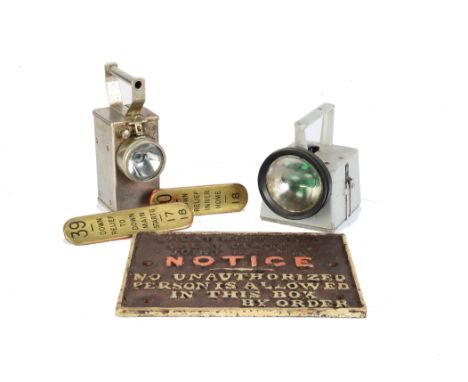 GWR GCR Joint Railway Sign and signal Lever Plates and BR Railway Lamps, Signal Box No Authorisation cast iron sign, two smal