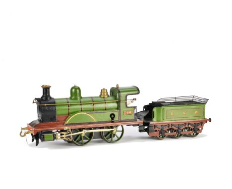 A Bing Gauge 3 (67mm) Clockwork GNR 0-4-0 Locomotive and Tender, substantially restored in GNR green as no 7094, featuring ge