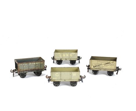 Bing/Bassett-Lowke 0 Gauge 4-wheeled Freight Stock, comprising B/L Private owner wagon in pale grey/white, GW grey and LNWR g