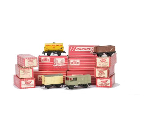A collection of Hornby-Dublo 00 Gauge 2-Rail Wagons, including 4649 Low Sided wagon with Tractor,4627 ICI Salt Wagon, 4313 Gu