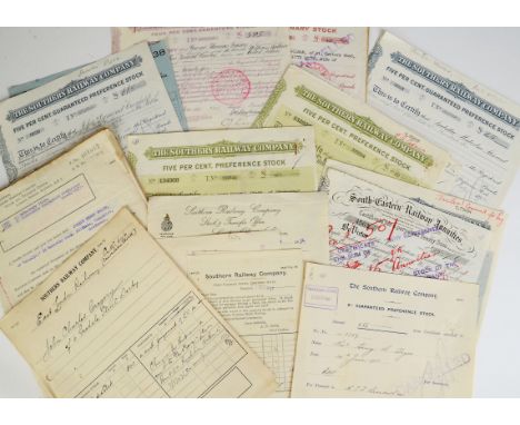 A Plethora of Paper Documents Relating to the Southern Railway, including Share Certificates, traffic notices, excursion hand
