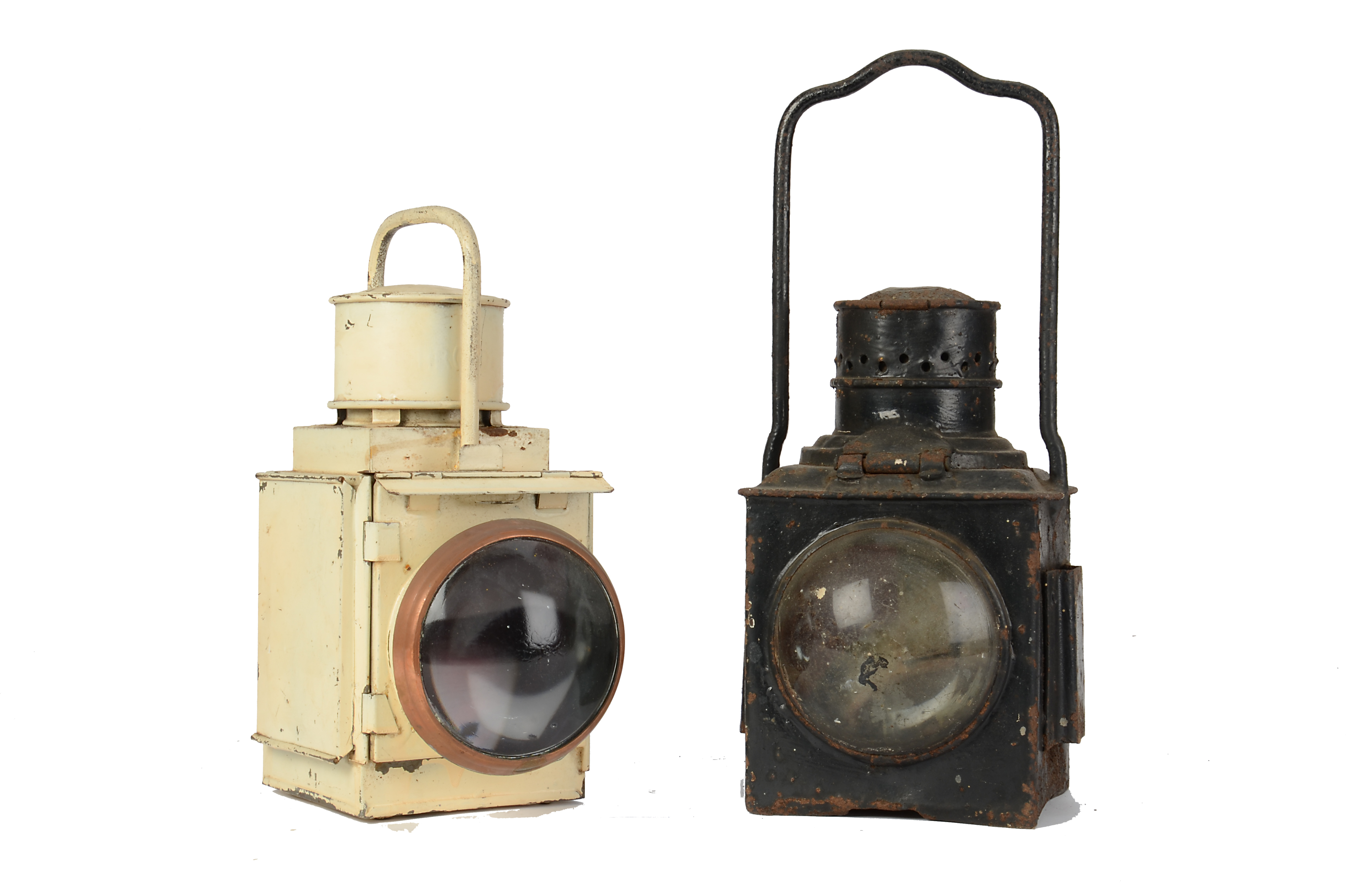 Railway Oil Lamps, two train lamps, one sidelamp stamped SR in black