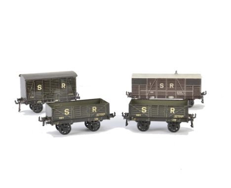 Bassett-Lowke 0 Gauge SR Freight Stock, comprising two tinplate open wagons no 9871 and van no 17741, all in SR charcoal grey